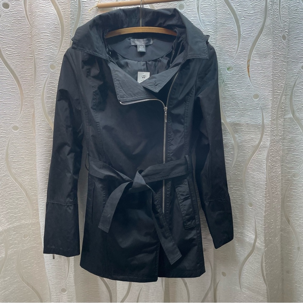 Suzy Shier Trench Coat Women M Black New Belted Asymmetric Zip Hooded 70145